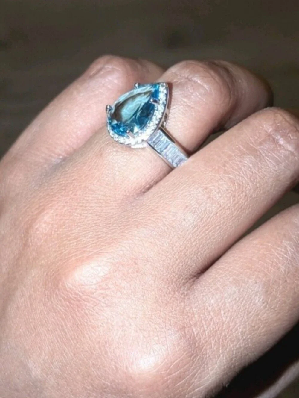 Shimmering 5ct Pear Cut Lab Created Blue Topaz Ring 14k White Gold Plated Sz 6